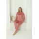 Moda Çizgi Kadın Kadife Pembe Pijama Takım 20624