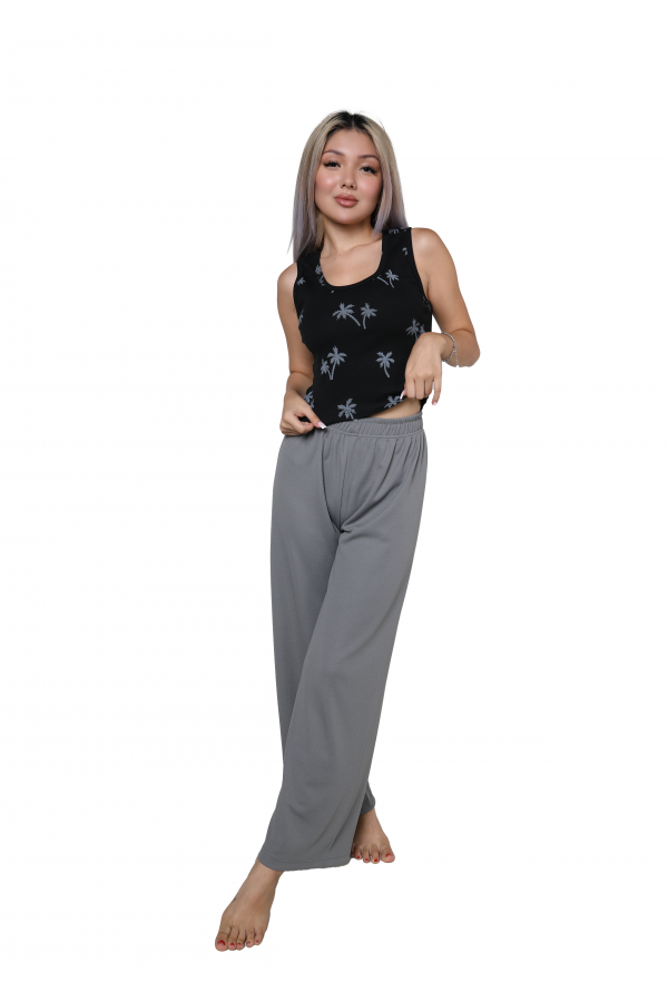 Moda Çizgi Kadın Kalın Askılı Body Bol Paça Pantolon 2`li Takım Siyah 4217