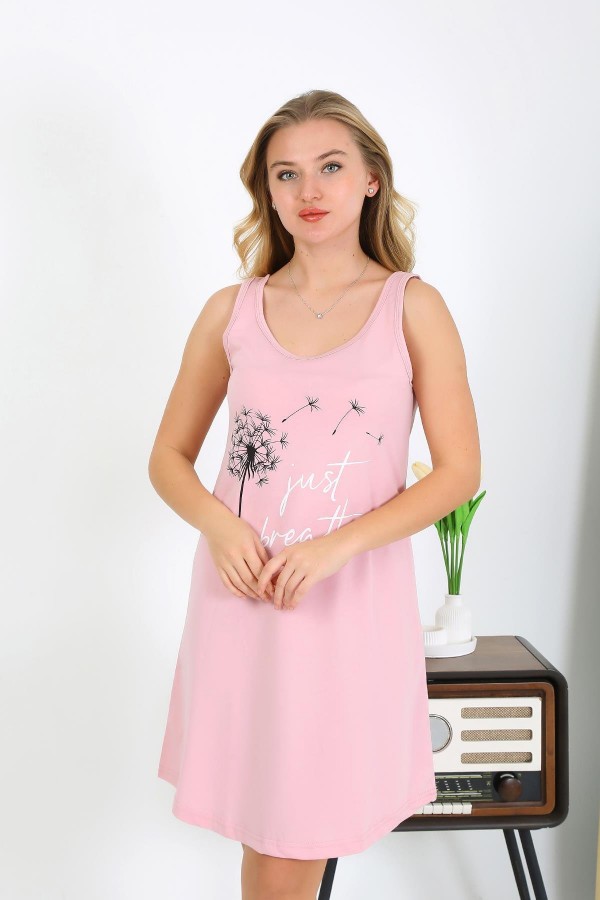 Moda Çizgi Kadın Kalın Askılı Penye Gecelik Pembe 1777
