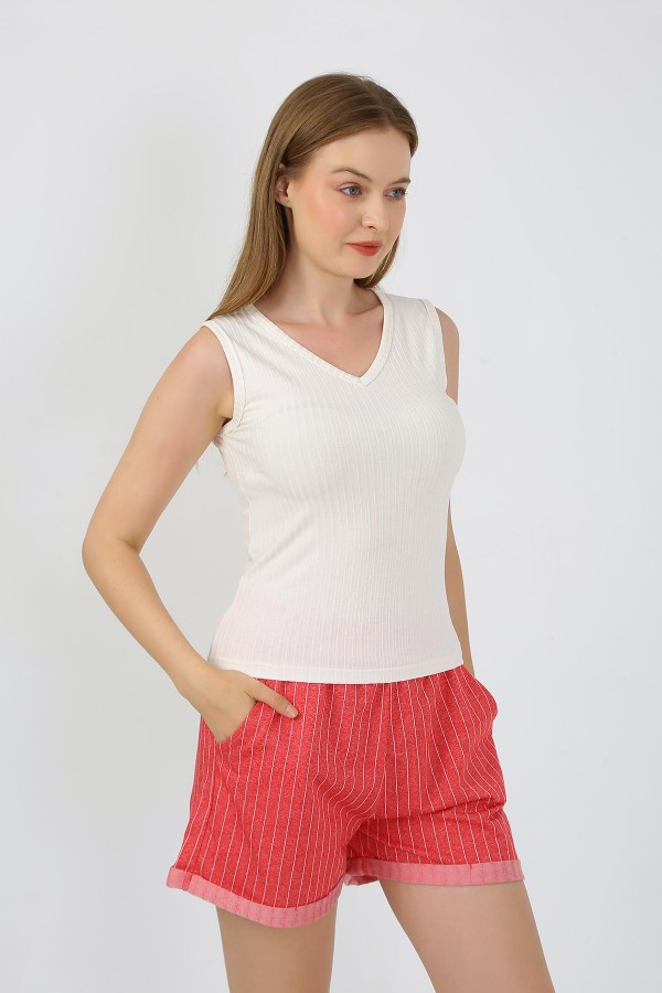 Moda Çizgi Kadın Kalın Askılı Şortlu Pijama Takım Ekru 3632