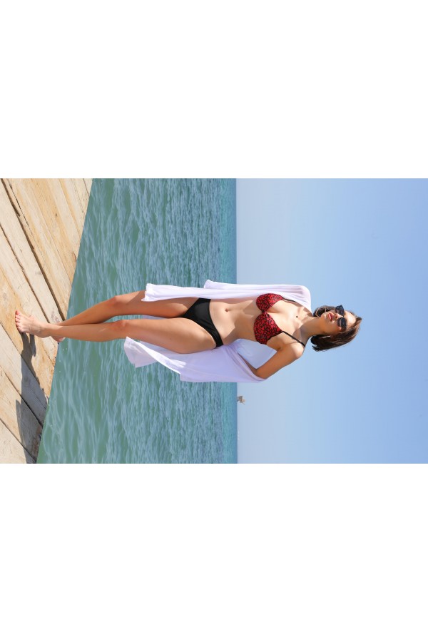 Moda Çizgi Kadın Kimono Pareo Plaj Elbisesi Beyaz 38049
