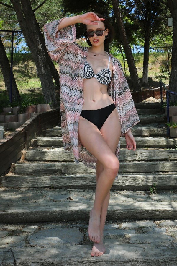 Moda Çizgi Kadın Kimono Pareo Plaj Elbisesi Sütlü Kahve 38040