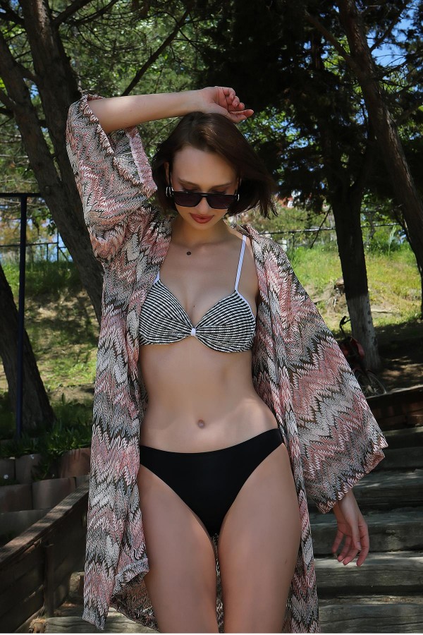 Moda Çizgi Kadın Kimono Pareo Plaj Elbisesi Sütlü Kahve 38040