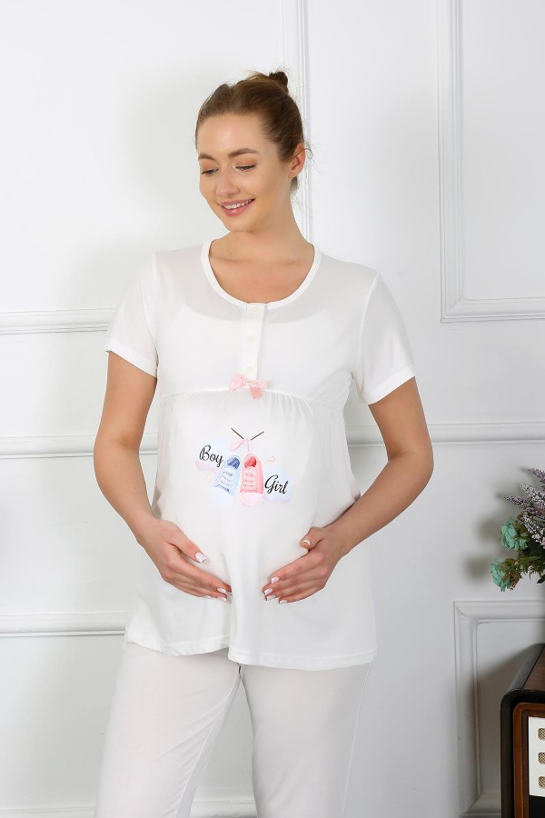 Moda Çizgi Kadın Kısa Kol Hamile Lohusa Pijama Takımı Ekru 45210