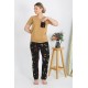 Moda Çizgi Kadın Kısa Kol Pamuk Penye Pijama Takım Hardal 4214