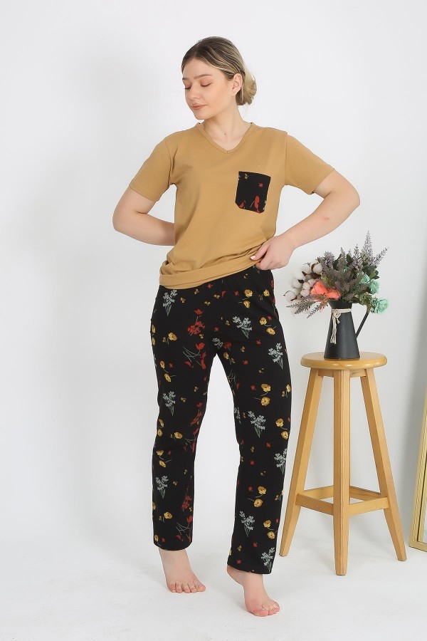 Moda Çizgi Kadın Kısa Kol Pamuk Penye Pijama Takım Hardal 4214
