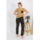 Moda Çizgi Kadın Kısa Kol Pamuk Penye Pijama Takım Hardal 4214