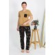 Moda Çizgi Kadın Kısa Kol Pamuk Penye Pijama Takım Hardal 4214