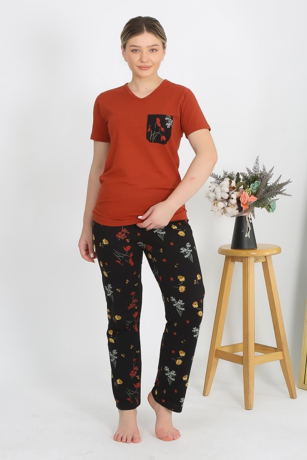 Moda Çizgi Kadın Kısa Kol Pamuk Penye Pijama Takım Kremit 4214