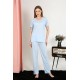 Moda Çizgi Kadın Kısa Kol Pamuk Penye Pijama Takım Mavi 4213