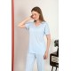 Moda Çizgi Kadın Kısa Kol Pamuk Penye Pijama Takım Mavi 4213