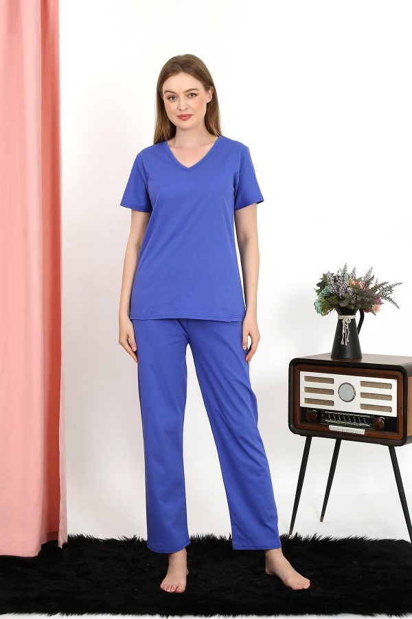 Moda Çizgi Kadın Kısa Kol Pamuk Penye Pijama Takım Saks 4213