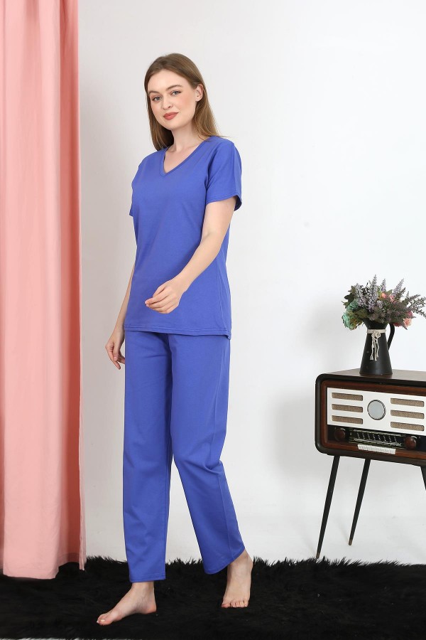 Moda Çizgi Kadın Kısa Kol Pamuk Penye Pijama Takım Saks 4213