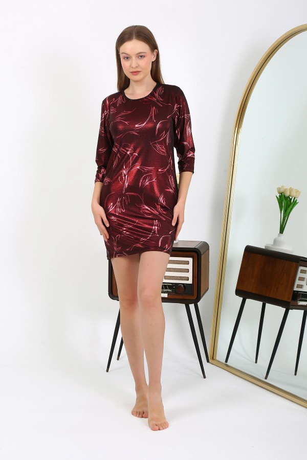 Moda Çizgi Kadın Micro Kumaş Mini Parlak Elbise 7420 Bordo