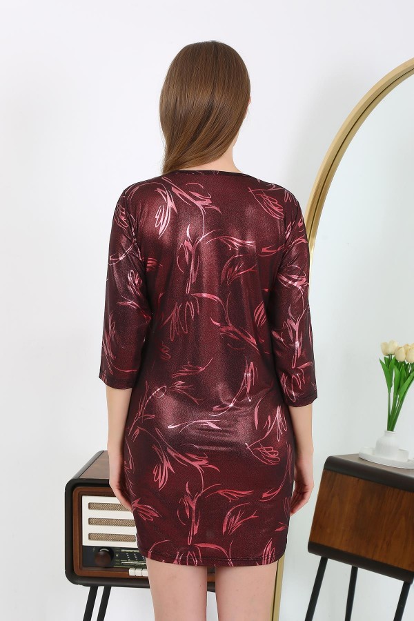 Moda Çizgi Kadın Micro Kumaş Mini Parlak Elbise 7420 Bordo