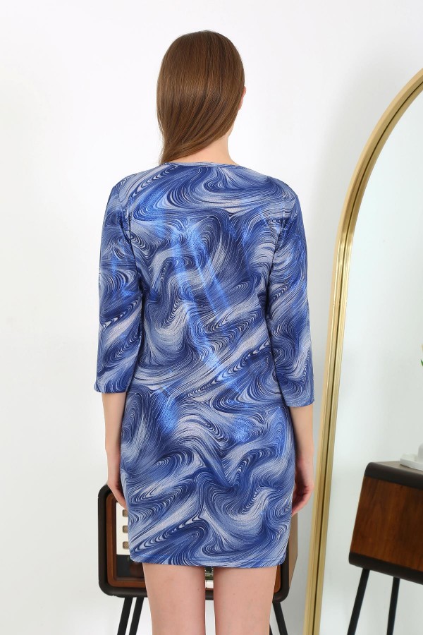 Moda Çizgi Kadın Micro Kumaş Mini Parlak Elbise 7420 Mavi