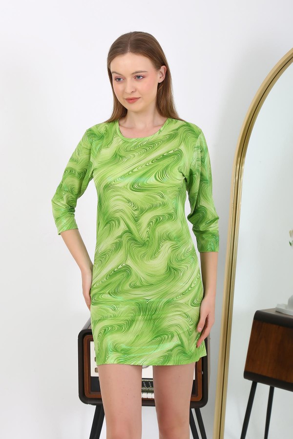 Moda Çizgi Kadın Micro Kumaş Mini Parlak Elbise 7420 Yeşil