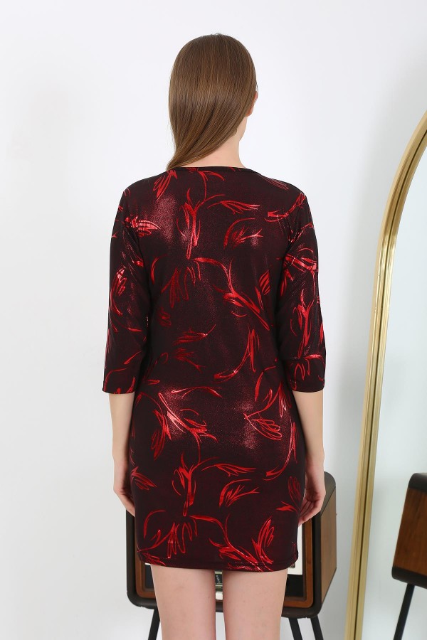Moda Çizgi Kadın Micro Kumaş Mini Parlak Elbise 7421 Kırmızı