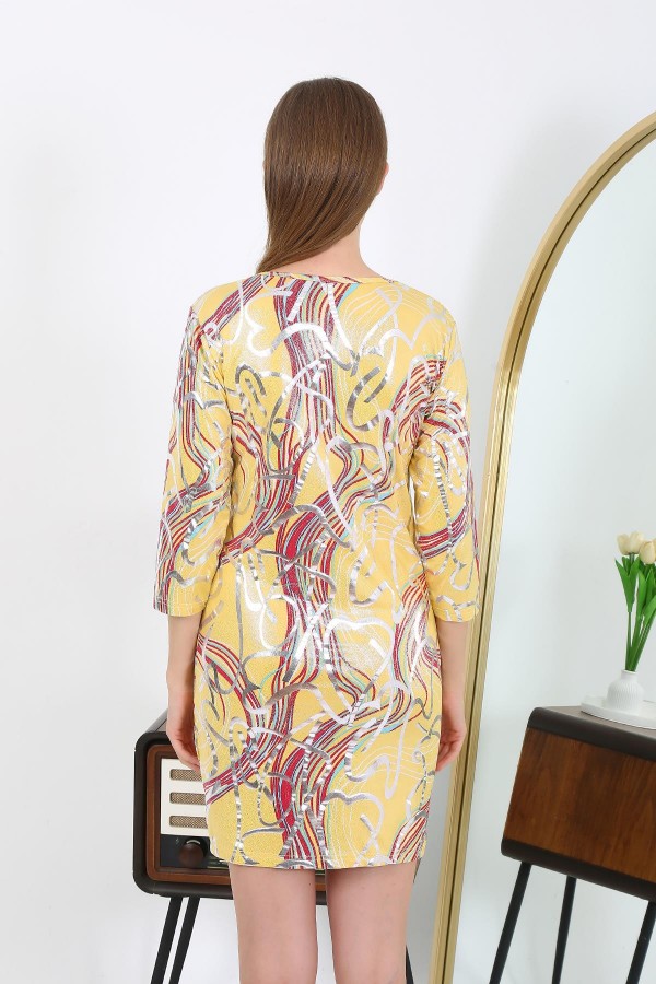Moda Çizgi Kadın Micro Kumaş Mini Parlak Elbise 7421 Sarı