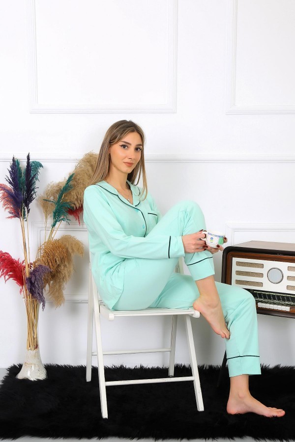 Moda Çizgi KADIN PAMUK PENYE ÖNDEN DÜĞMELİ UZUN KOL PİJAMA TAKIM 2781