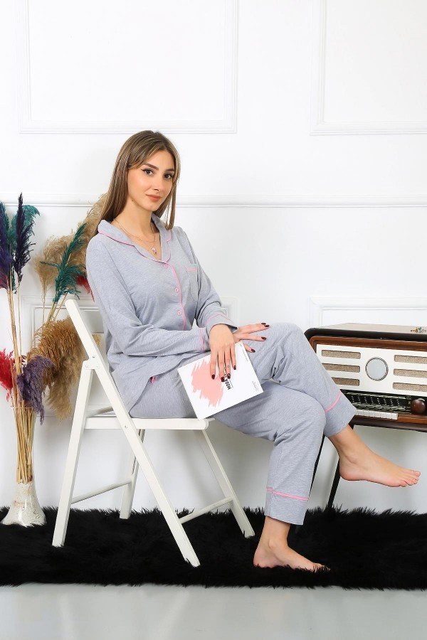 Moda Çizgi KADIN PAMUK PENYE ÖNDEN DÜĞMELİ UZUN KOL PİJAMA TAKIM 2781