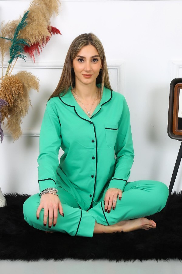 Moda Çizgi KADIN PAMUK PENYE ÖNDEN DÜĞMELİ UZUN KOL PİJAMA TAKIM 2781