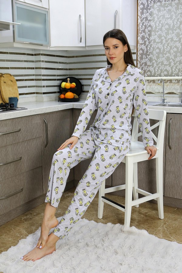 Moda Çizgi Kadın Pamuk Penye Önden Düğmeli Uzun Kol Pijama Takım Gri 2784