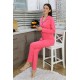 Moda Çizgi Kadın Pamuk Penye Önden Düğmeli Uzun Kol Pijama Takım Pembe 2783