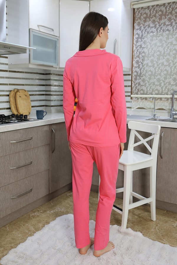 Moda Çizgi Kadın Pamuk Penye Önden Düğmeli Uzun Kol Pijama Takım Pembe 2783