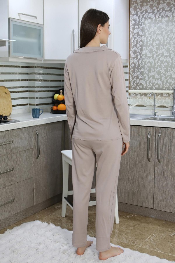 Moda Çizgi Kadın Pamuk Penye Önden Düğmeli Uzun Kol Pijama Takım Vizon 2783
