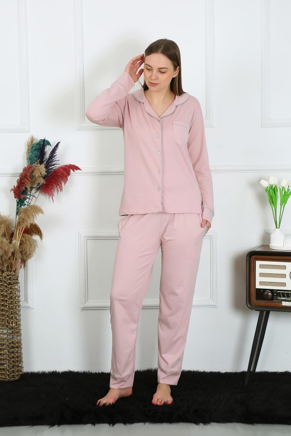 Moda Çizgi Kadın Pamuk Penye Önden Düğmeli Uzun Kol Pudra Pijama Takım 2782