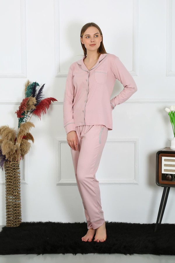 Moda Çizgi Kadın Pamuk Penye Önden Düğmeli Uzun Kol Pudra Pijama Takım 2782