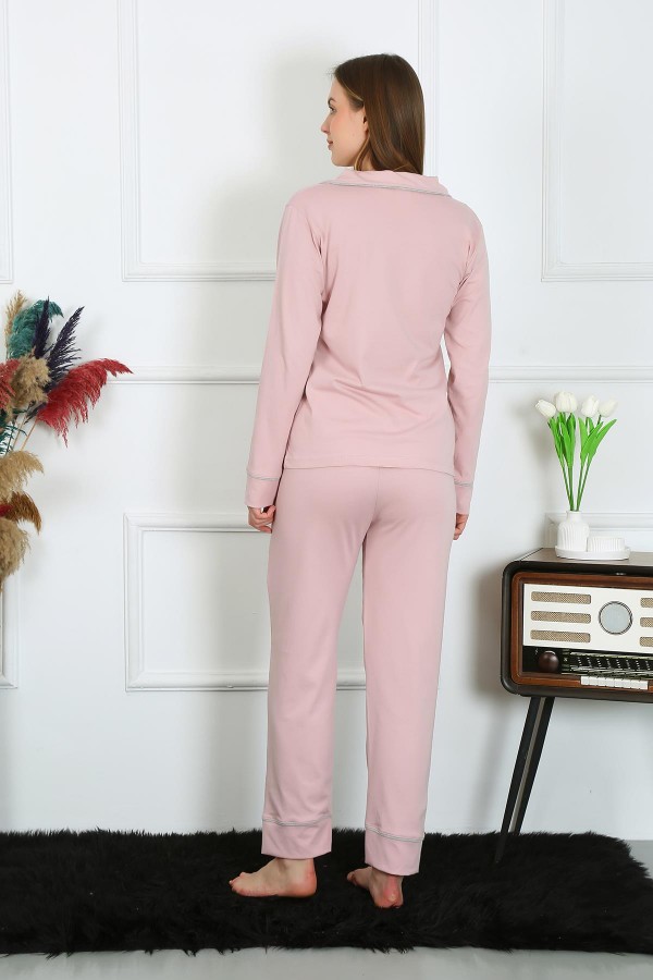 Moda Çizgi Kadın Pamuk Penye Önden Düğmeli Uzun Kol Pudra Pijama Takım 2782
