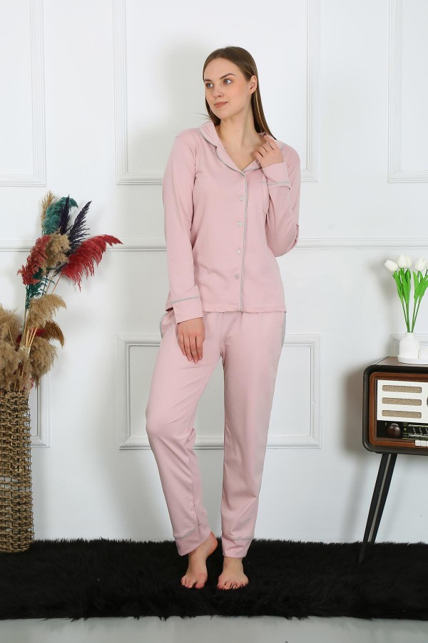 Moda Çizgi Kadın Pamuk Penye Önden Düğmeli Uzun Kol Pudra Pijama Takım 2782