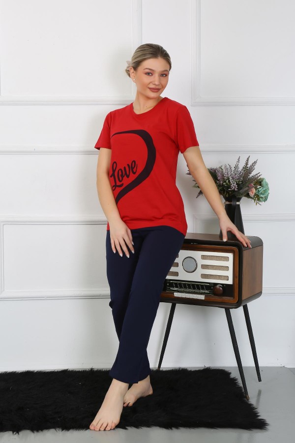 Moda Çizgi Kadın Pamuk Penye Sevgili Kombini Pijama Takımı Kırmızı 50128 Tek Takım Fiyatıdır
