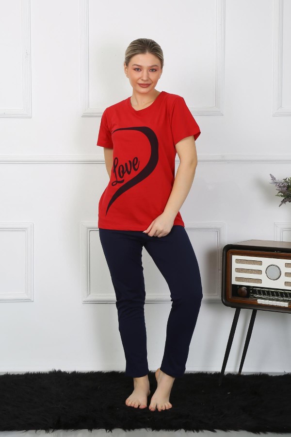 Moda Çizgi Kadın Pamuk Penye Sevgili Kombini Pijama Takımı Kırmızı 50128 Tek Takım Fiyatıdır