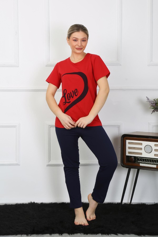Moda Çizgi Kadın Pamuk Penye Sevgili Kombini Pijama Takımı Kırmızı 50128 Tek Takım Fiyatıdır