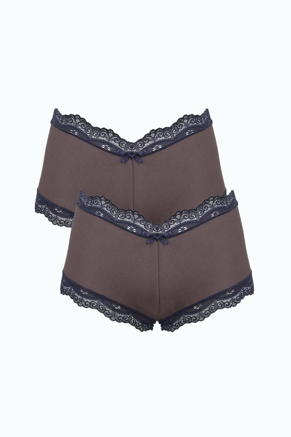 Moda Çizgi Kadın Pamuklu 2li Boxer Kahve 40277