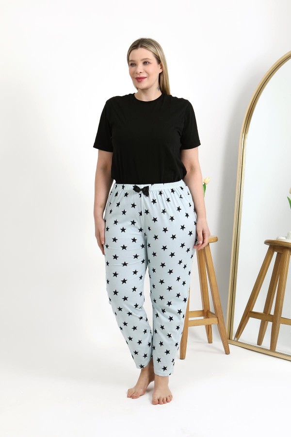 Moda Çizgi Kadın Pamuklu Büyük Beden Alt Pijama 27557 Buz Mavisi