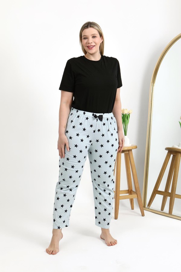 Moda Çizgi Kadın Pamuklu Büyük Beden Alt Pijama 27557 Buz Mavisi