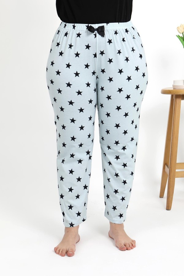 Moda Çizgi Kadın Pamuklu Büyük Beden Alt Pijama 27557 Buz Mavisi