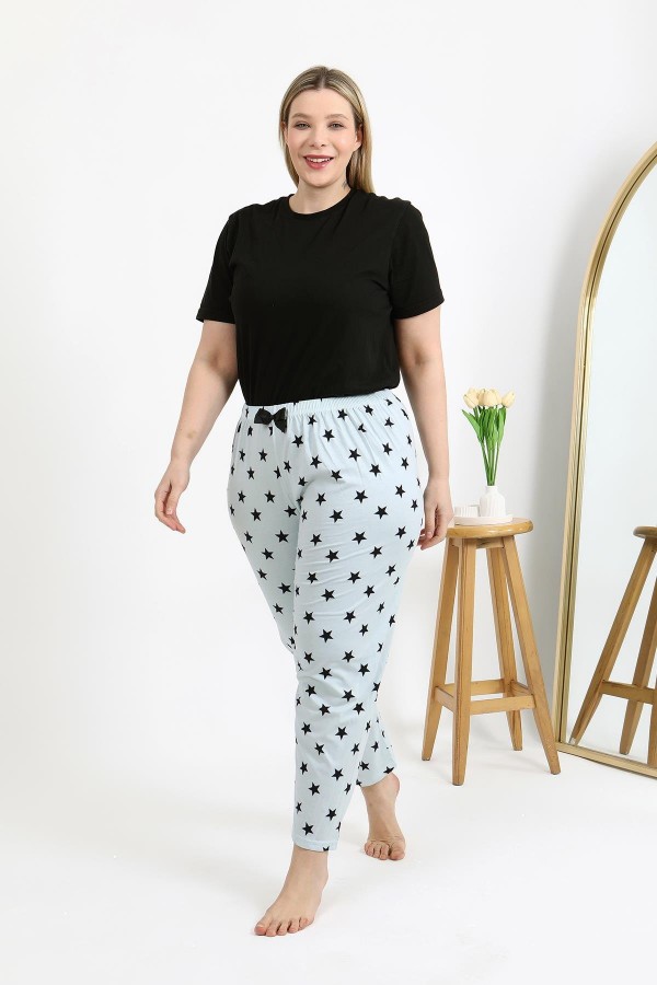 Moda Çizgi Kadın Pamuklu Büyük Beden Alt Pijama 27557 Buz Mavisi
