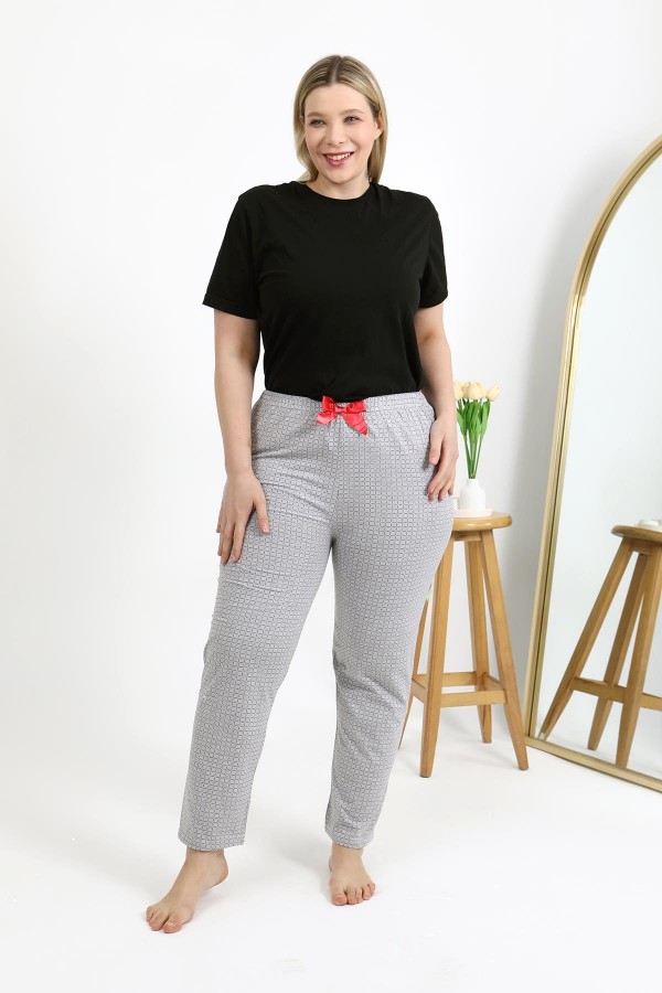Moda Çizgi Kadın Pamuklu Büyük Beden Alt Pijama 27557 Gri