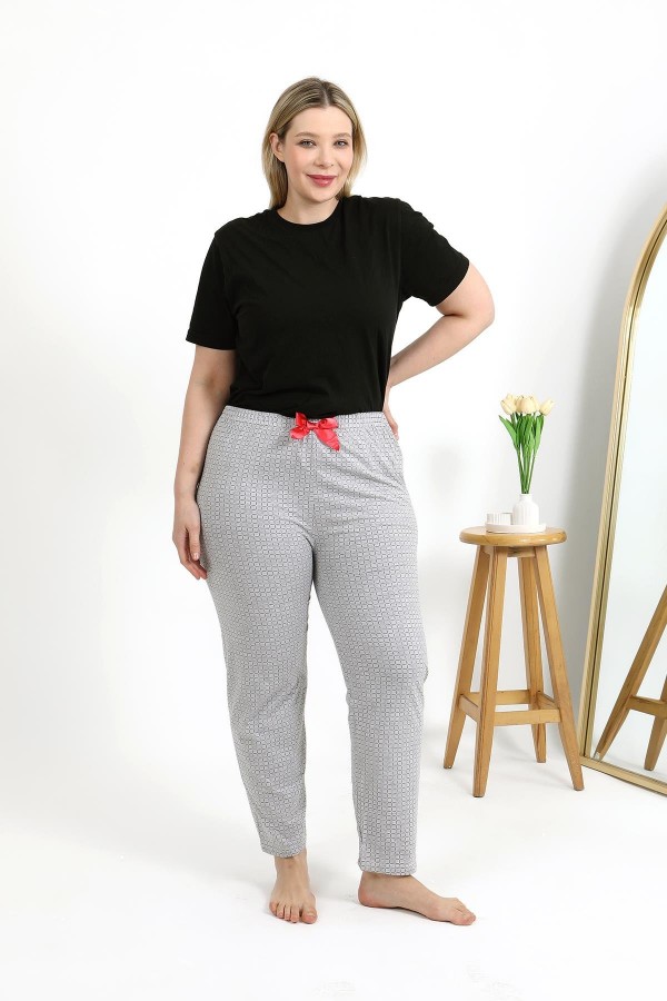 Moda Çizgi Kadın Pamuklu Büyük Beden Alt Pijama 27557 Gri