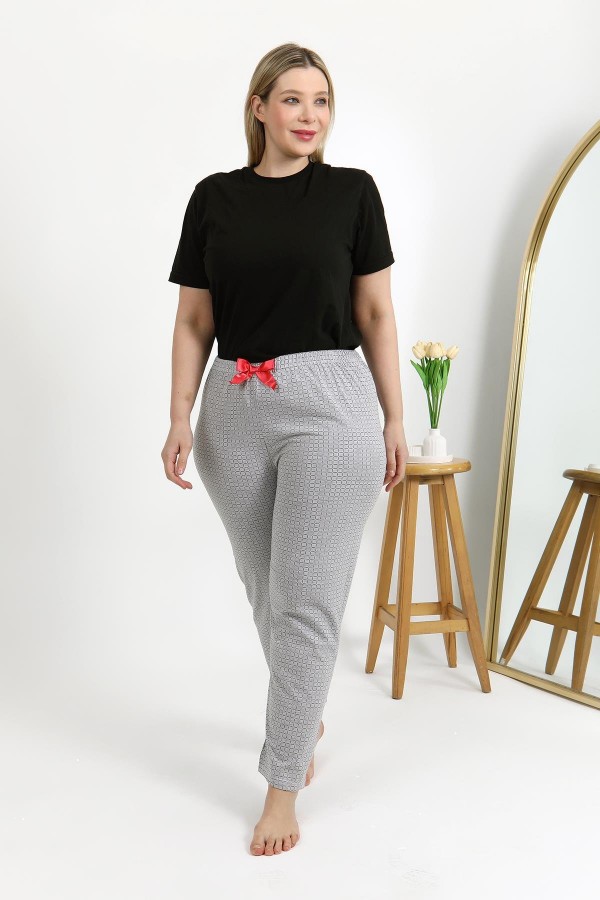 Moda Çizgi Kadın Pamuklu Büyük Beden Alt Pijama 27557 Gri