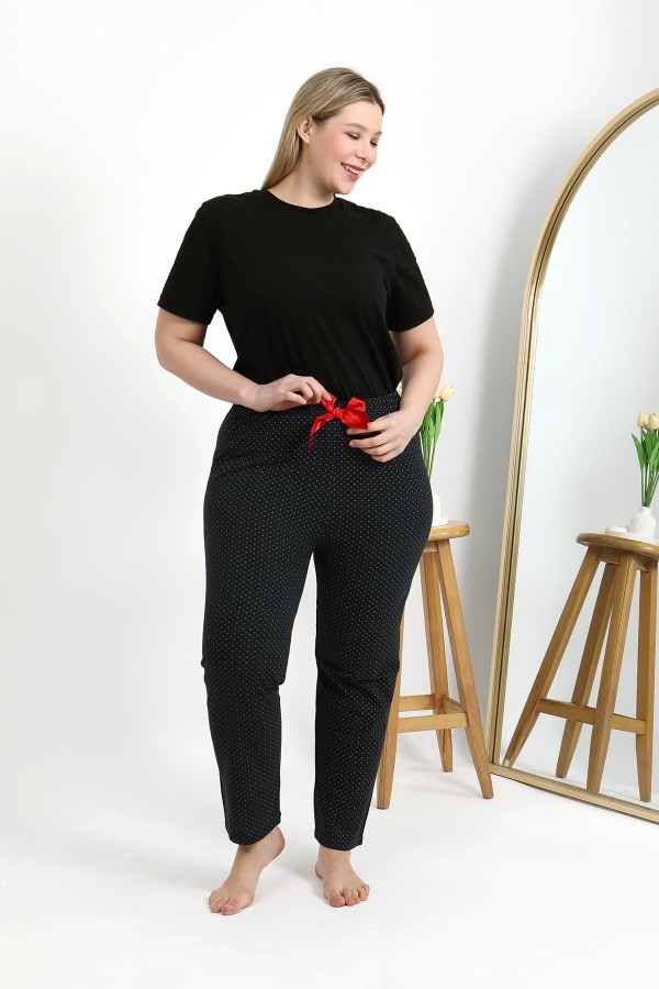 Moda Çizgi Kadın Pamuklu Büyük Beden Alt Pijama 27557 Siyah