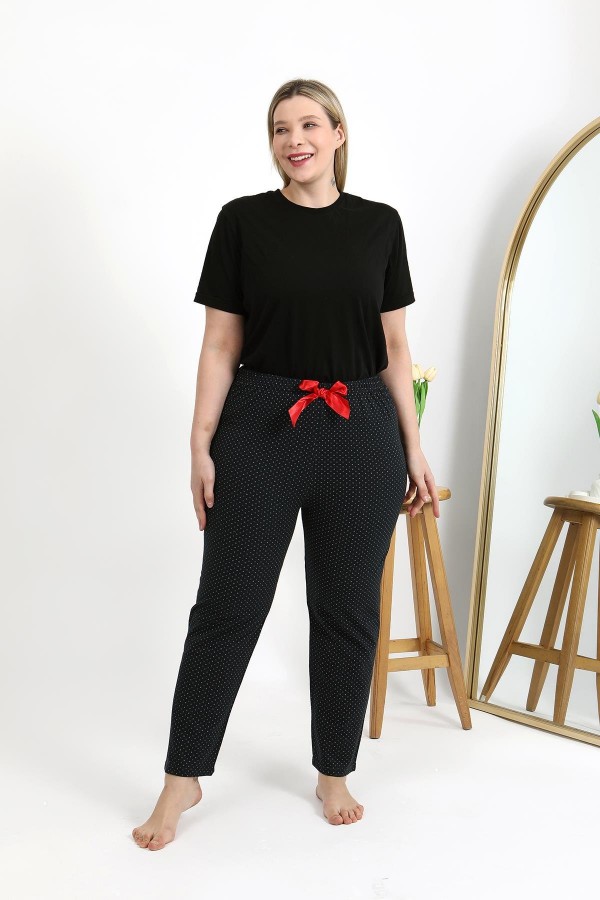 Moda Çizgi Kadın Pamuklu Büyük Beden Alt Pijama 27557 Siyah