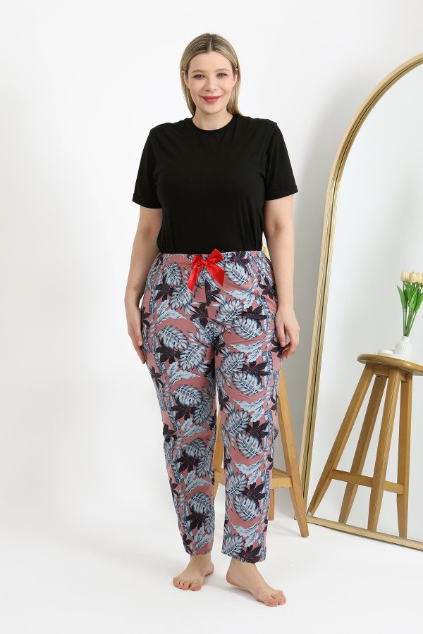 Moda Çizgi Kadın Pamuklu Büyük Beden Alt Pijama 27557 Somon