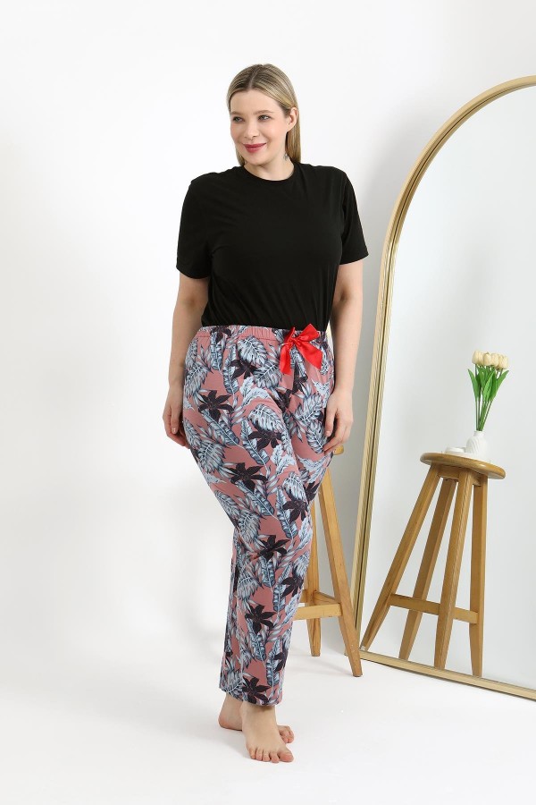 Moda Çizgi Kadın Pamuklu Büyük Beden Alt Pijama 27557 Somon
