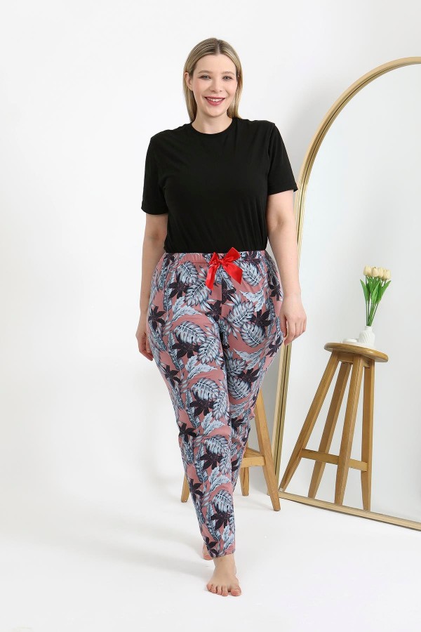 Moda Çizgi Kadın Pamuklu Büyük Beden Alt Pijama 27557 Somon